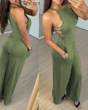 Casual Solid Color Hollow Out Jumpsuit