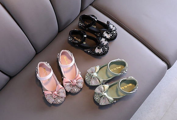 Children Leather Shoes Rhinestone Bow Shoes