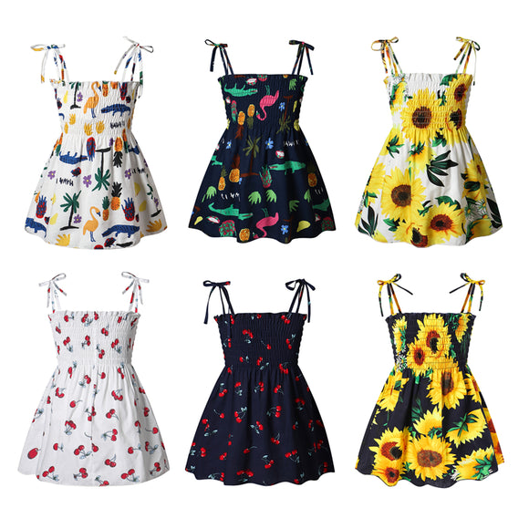 Girls Cotton Flower Print Sleeveless Strap Dress