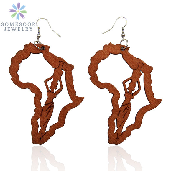 Laser Engraved Motherland Afro Wooden Drop Earrings