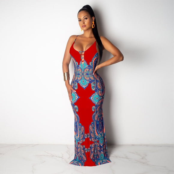 Women Spaghetti Strap Bohemian Printed Maxi Trumpet Dress
