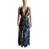 Boho Style Print Deep V Neck Backless Maxi Party Dress