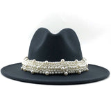 Unisex PU Leather Pearl Ribbon Felt Hat