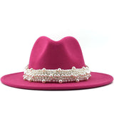 Unisex PU Leather Pearl Ribbon Felt Hat