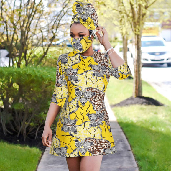 African Print Dress Outfit (top+headwrap+mask)