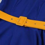 Women Retro Contrast Bow Neck and Cuff Half Sleeve Belted Swing Dresses