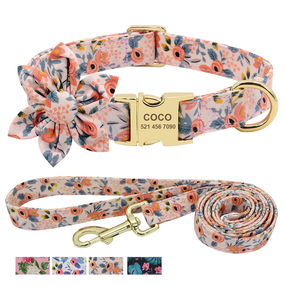 Custom Engraved Floral Dog Collar with Leash