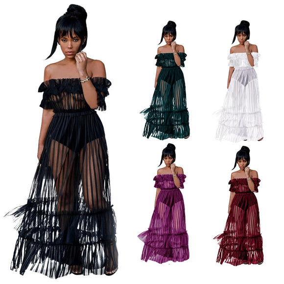 Women Ruffle Sexy Off Shoulder Mesh Swimsuits Cover-Up