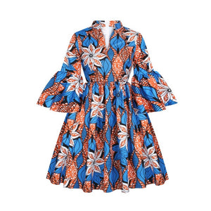 African Print Lotus Sleeve V Neck Midi Dress