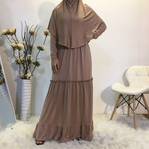 Solid Muslim Worship Robe+Solid Hijab Maxi Dress