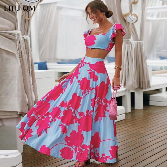 Women Crop Top + High Waist Long Skirt Set