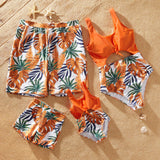 Family Look Orange Floral Print Matching Swimsuits