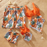 Family Look Orange Floral Print Matching Swimsuits