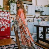 Pink Boho Print Self Belted Front Open Long Kimono Cover Up