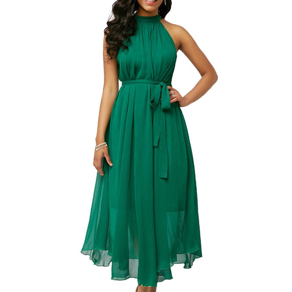 Pleated Chiffon Sleeveless Belted Maxi Dress