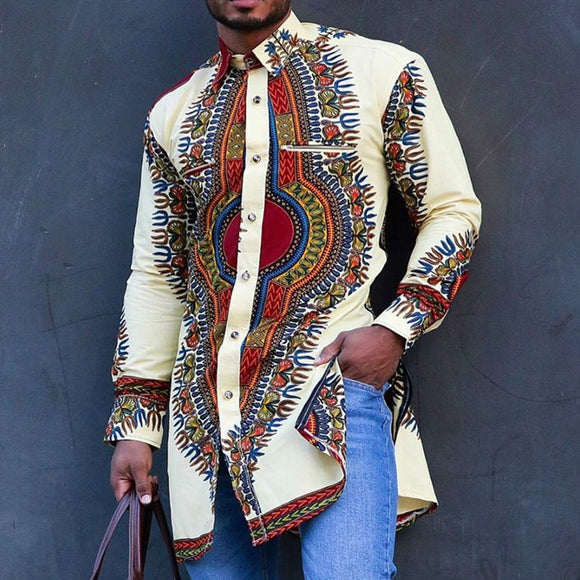 Men African Dashiki Style Long Sleeve Shirts M-4XL