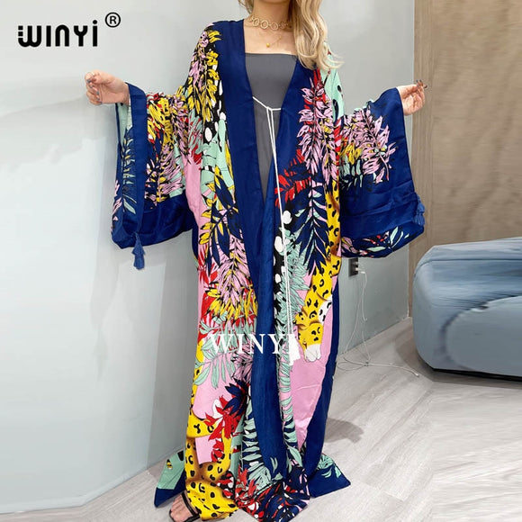 Boho Print Self Belted Front Open Long Kimono