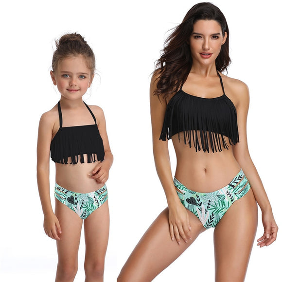 Mommy And Me Solid Top Print Bottom Bikini Two-Piece Set