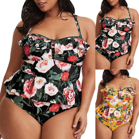 Sunisery Women's 2 Piece Plus-size Swimsuit Summer Fashion Hollow Backless  Flower Print Bathing Suits Beach（Solid Color/Floral） 