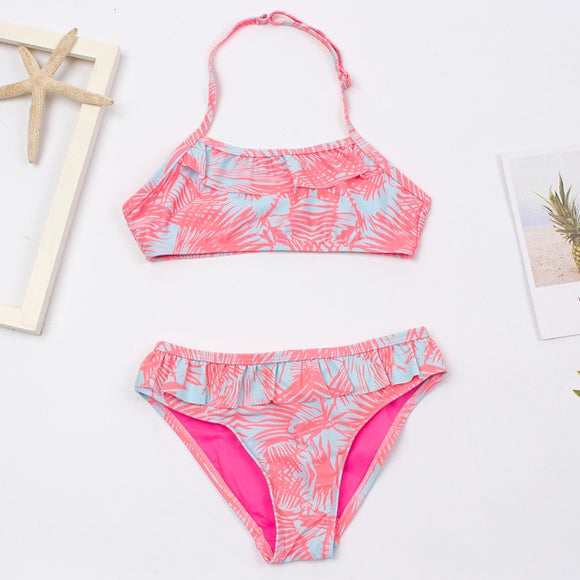 Girls Salmon & Blue Floral Bikini Set