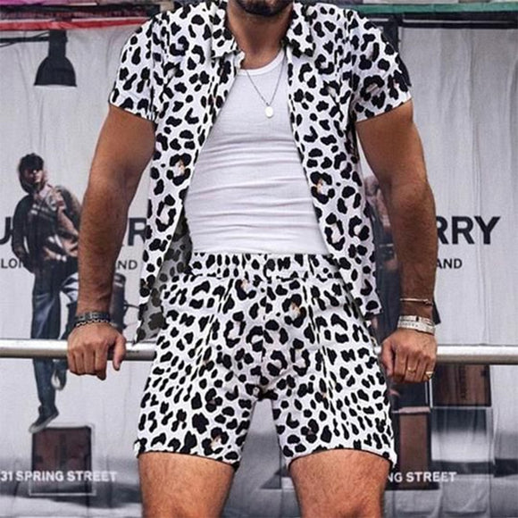 Men Casual Leopard Print Short Sleeve Lapel Shirts And Shorts Outfit Two Piece Set