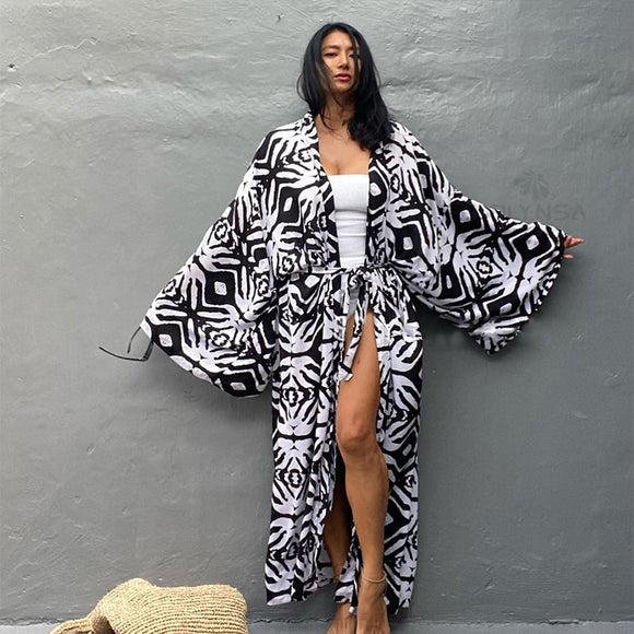 Long Sleeve Self Belted Kimono Dress