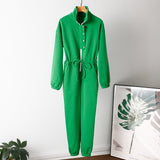 Winter Fleece Stand-up Collar Zipper Lace Up Joggers Jumpsuit